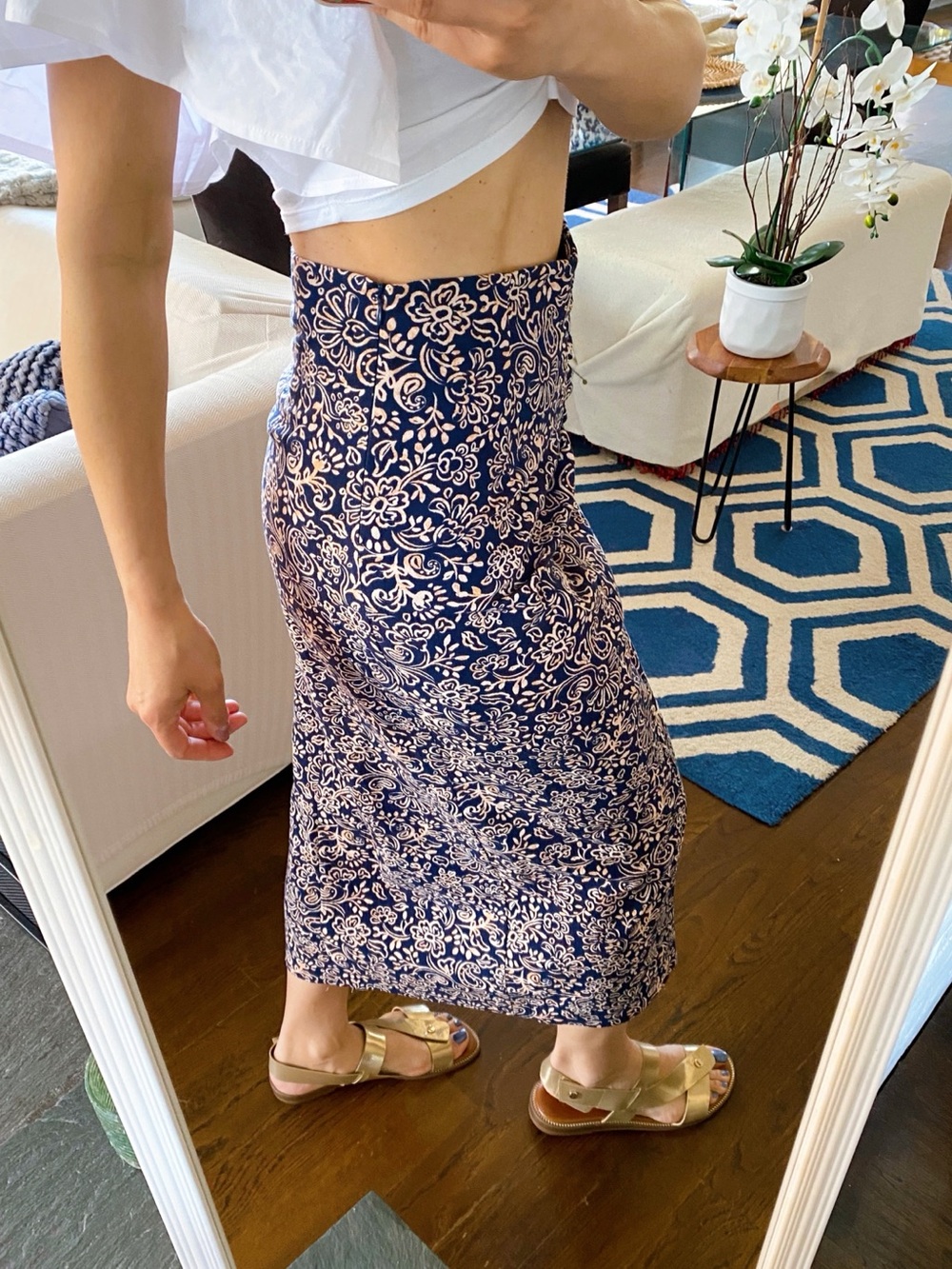 ZARA Navy Peach Floral Ruched Cotton Midi Skirt! 🐚 - Picture 4 of 16